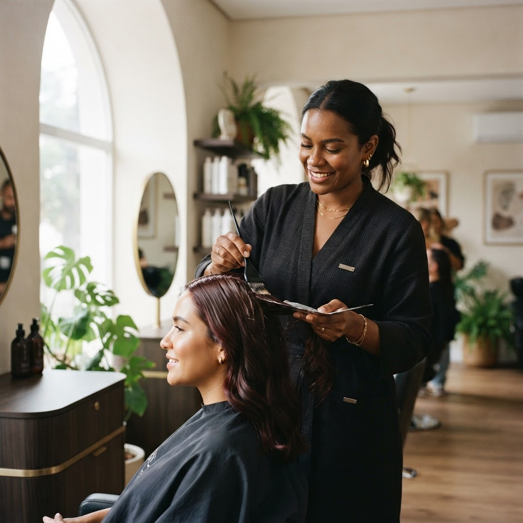 Profissional aplicando coloração no cabelo de uma cliente em salão